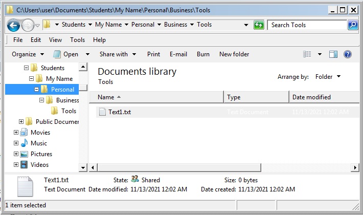 The Persnal folder with the text file 